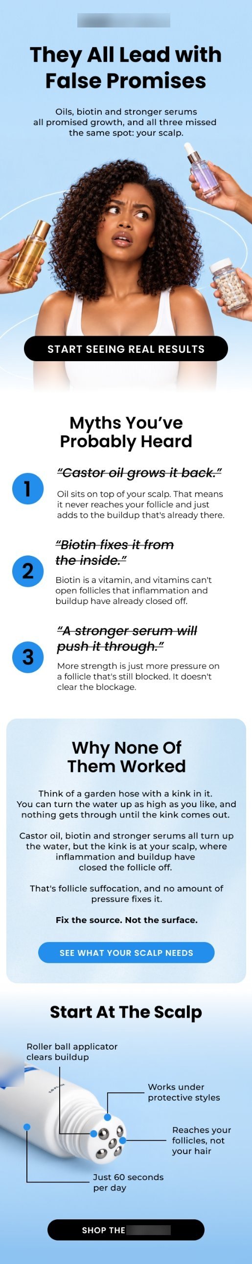 Educational campaign email breaking down common hair growth myths
